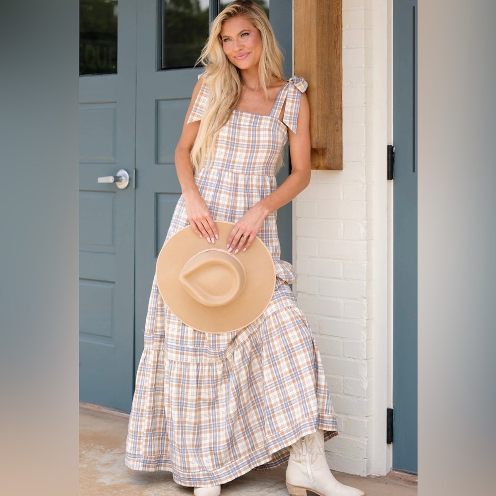 Blue and Cream/Tan Plaid Maxi Dress